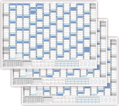 Produktbild von 3 Stück XXL Wandkalender DIN B1 2026 blau, nass abwischbar Format 100 x 70cm Jahresplaner Wandplaner gerollt