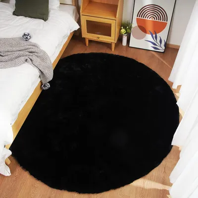Rundteppich 180 cm, Schwarz, Kunstfell, rutschfest, waschbar