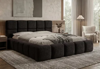 Produktbild von Polsterbett LOMBA 180x200 cm mit Bettkasten und Metall-Lattenrost – Bouclé Stoff Coral Schwarz
