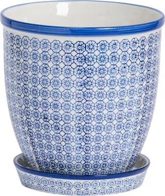 A blue and white patterned ceramic plant pot with a matching saucer, presented on a white background.