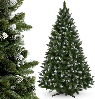 Two artificial Christmas trees, one in the foreground and one in the background, against a white background.