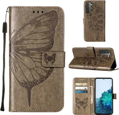 Produktbild von Galaxy S21+ Hülle, Schmetterling Prägung Flip Leder Kartenfächer Schutzhülle Ledertasche mit Ständer für Samsung Galaxy S21+ / S21 Plus 5G Grau