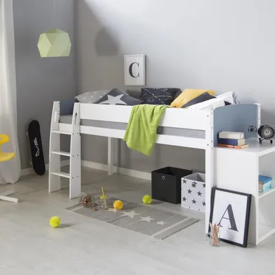 Produktbild von Homestyle4u Hochbett 90x200 Kinder ohne Lattenrost Holz Leiter massiv Jugendbett Weiß Grau mit Rausfallschutz
