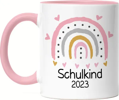 Produktbild von Schulkind 2023 Tasse Rosa Einschulungsgeschenk Grundschule 1. Klasse Mädchen Motiv Herzchen