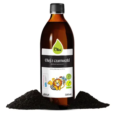Zdjęcie produktu dla Olej z czarnuszki dla dzieci nierafinowany, tłoczony na zimno Olini  500 ml