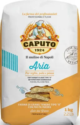 A bag of Caputo flour with branding and product information.