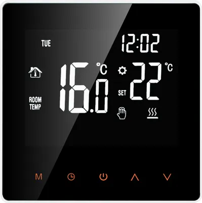 A digital thermostat display showing temperature and time.