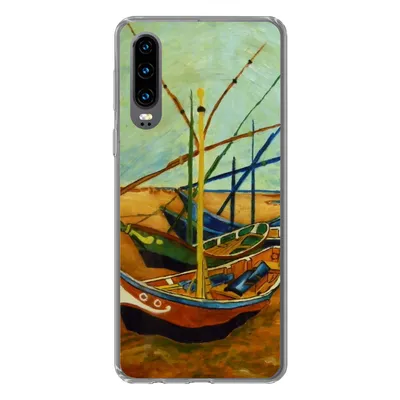 Produktbild von MuchoWow® Handyhülle Schutzhülle Hülle für Huawei P30 Fischerboote am Strand - Vincent van Gogh Silikon Softcase Handy Hülle - Kartenbesitzer