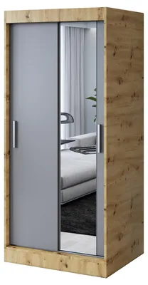 Produktbild von Kleiderschrank mit Spiegel - 90x200cm - Artisan Eiche & Anthrazit Matt - Schiebetürenschrank HUGO - 2-türig - mit 2 Kleiderstangen
