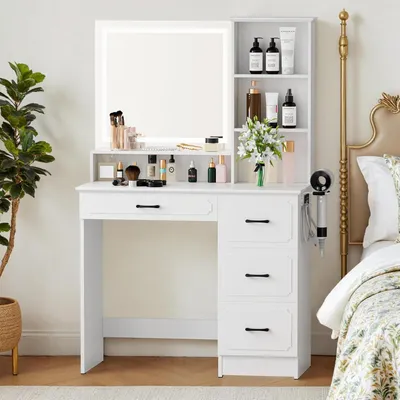 Image de Table de maquillage avec miroir et éclairage LED, 3 couleurs de lumière, 4 tiroirs, 4 étagères, avec prises électriques et support pour appareils de coiffure, blanche