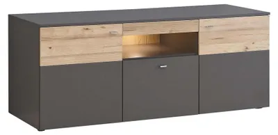 Lowboard COMO in Grau und Planked Eiche mit offener Beleuchtung, Gesamtansicht von vorne.