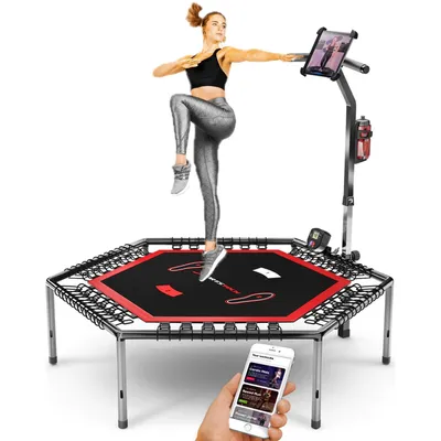 Produktbild von Messe-heit 2020! Smart Fitness Trampolin, inkl. Pulsgurt, Sprungzähler & APP, klappbar, höhenverstellbarer Haltegriff mit Handy- & Flaschenhalterung, HTX100 Indoor Jumping Workout