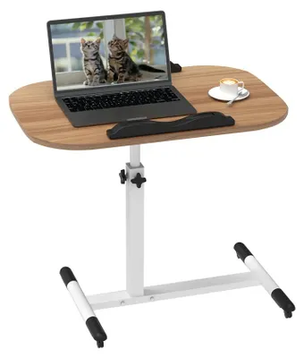 Obrázok produktu pre Výškovo nastaviteľný stojací pracovný stôl s doskou pre notebook – mobilný počítačový stôl – doska 60x40 cm – výška 61–95 cm – 4 kolieska – kovová konštrukcia v tvare U – žltá farba