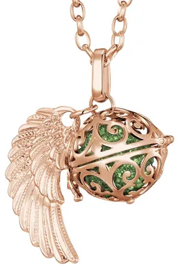Produktbild von Morella Damen Halskette roségold Edelstahl 70 cm mit roségoldenem Anhänger Engelsflügel und Klangkugel Zirkonia grün Ø 16 mm in Schmuckbeutel