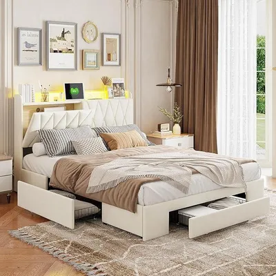 Image de Lit rembourré 140 x 200 cm avec éclairage LED, lit double avec sommier à lattes et 3 tiroirs de rangement, tête de lit avec espace de rangement, port USB/Type-C, lit de rangement pour adolescents, revêtement en velours, sans matelas (beige - XF01, 140x200)