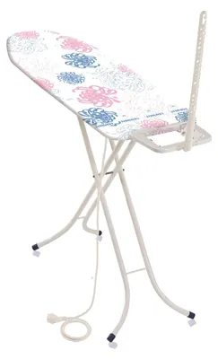A white ironing board with a floral pattern on a white background.