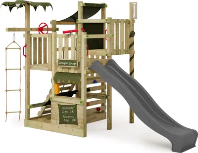 Image de FATMOOSE Tour de jeu CrazyCoconut avec toboggan, jeu de jardin avec échelle & accessoires de jeu - anthracite / vert olive