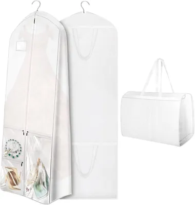 Produktbild von Kleidersack lang 180 x 60 cm, für Brautkleider, weiß, mit Griff und Taschen