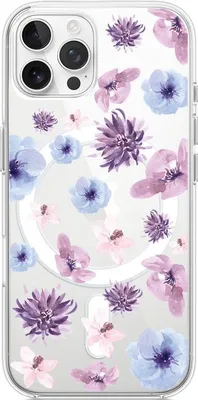 Produktbild von iPhone 12 Pro Max Hülle mit MagSafe, Transparent, Silikon Flexi, Blau, Lila Blumen
