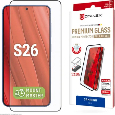 Produktbild von Displex Premium Panzerglas (Full Cover, 10H) für Samsung S26,MountMaster Full Cover, Samsung, Galaxy S26, Stoßfest, Staubresistent, Schlagfest, Kratzresistent, Schockresistent, Transparent, 1 Stück(e)