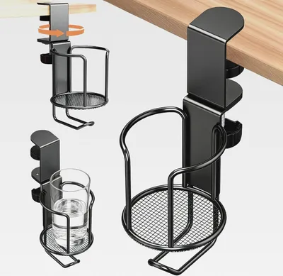 Produktbild von 1 Stück 360°Drehbarer Bohrfreier Becherhalter Verstellbares GeträNkehalter Schreibtisch Schreibtischkante Tassenregal mit Haken Kippschutz AufbewahrungslöSung für BüRo- und Gaming-Schreibtisch Schwarz