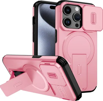 Obrázek produktu pro Magnetické pouzdro pro iPhone 15 Pro, dvouvrstvé odolné pouzdro s posuvnou ochranou fotoaparátu a nastavitelným stojánkem Růžová