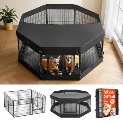 Immagine prodotto di VEVOR recinto pieghevole per cani, 8 pannelli da 61 cm, con copertura, fondo e porta, nero