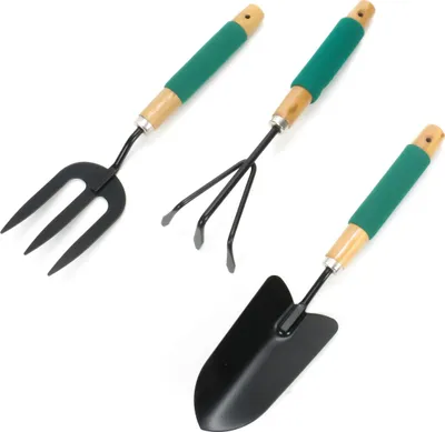 Produktbild von Gartenwerkzeug-Set, Handrechen, Grabegabel und Pflanzschaufel mit Vorbohrung für Aufhänger, für Balkon, Terrasse und Garten