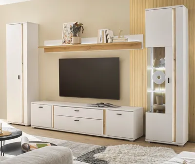 Produktbild von Wohnwand "Bellport" weiß und Eiche, Wohnkombination 330 cm mit LED und Soft-Close