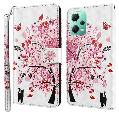 Produktbild von CLM-Tech Hülle kompatibel mit Xiaomi Redmi Note 12 4G - Tasche aus Kunstleder - Klapphülle mit Ständer und Kartenfächern, Baum rosa weiß