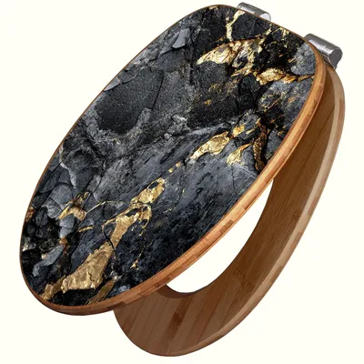 Produktbild von banjado Design WC Sitz Bambus Absenkautomatik -Schwarzer Marmor mit Gold 1 - Toilettendeckel mit Absenkautomatik Holz/hochwertiger Bambus Klodeckel/WC-Sitz für alle gängigen Toiletten [TDB2 13588]