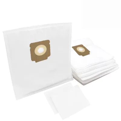 A stack of white vacuum cleaner bags with brown and white circular connectors, along with two smaller white squares placed in front of the stack.