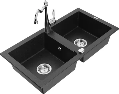 Produktbild von Mexen Mario 2-Becken-Granitspüle mit Mischbatterie Carla, Schwarz/Silbermetallic - 6504-73-670700-00