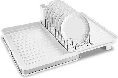 Produktbild von Unyqoos® Abtropfgestell erweiterbar 20–51 cm, mit Besteckhalter & Abtropfschale, Edelstahl (rostbeständig) & Kunststoff, klappbar 36,5×20 cm, weiß