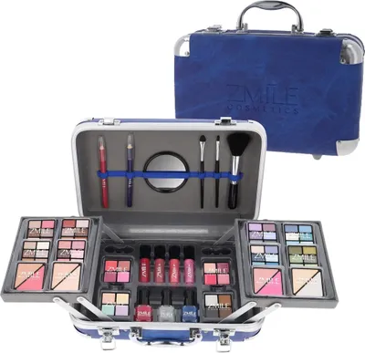 Produktbild von Zmile Cosmetics Kosmetikset Traveller Blau, Profi-Qualität, mit Spiegel und Applikatoren, 87 Teile in Originalgrößen, für Reisen & Alltag, 27 x 19 x 10,5 cm