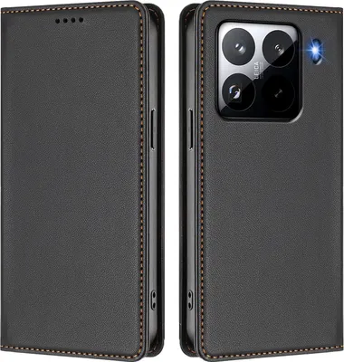 Image de Etui en cuir pour Xiaomi 15 Pro, étui magnétique en cuirPolyuréthaneavec support Noir