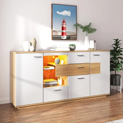 Immagine prodotto di okwish Cassettiera, comodino, tavolo contenitore, mobile contenitore (160 L x 40 H x 77 P (cm) Naturale + Bianco), mobile da soggiorno, mobile multiuso