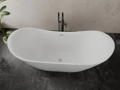 A white freestanding bathtub with a black faucet on a dark tiled floor.