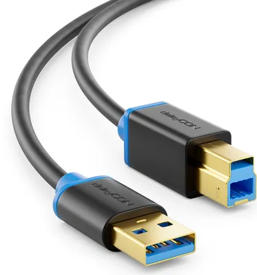 A close-up shot of a USB 3.0 cable with gold-plated connectors and blue accents.