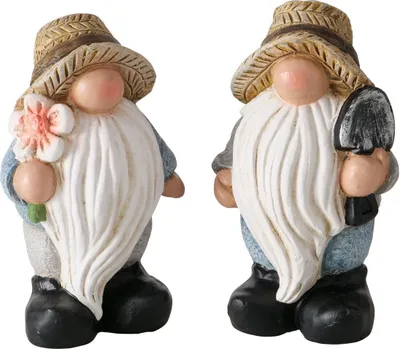 Obrázok produktu pre Záhradný trpaslík sada 2 záhradných figúrok výška 15 cm letný trpaslík s rýľom a kvetmi z keramiky dekoratívna figúrka záhradný trpaslík
