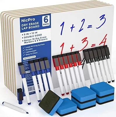 Produktbild von 6 Stück trocken abwischbare Mini-Whiteboard A4, 22 x 30 cm Doppelseitiges Desktop Schreibtafel mit 18 Stifte, Schwamm, tragbares Whiteboard Klein für