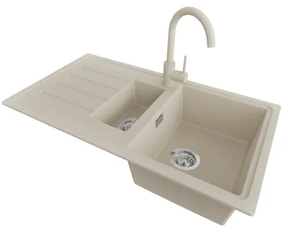 Produktbild von PRIMAGRAN Granitspüle Beige 90x50cm, Spülbecken 1,5 Becken + Küchenarmatur 32x20cm + Ablauf-Set, Küchenspüle ab 60er Unterschrank - Kopenhagen Duo