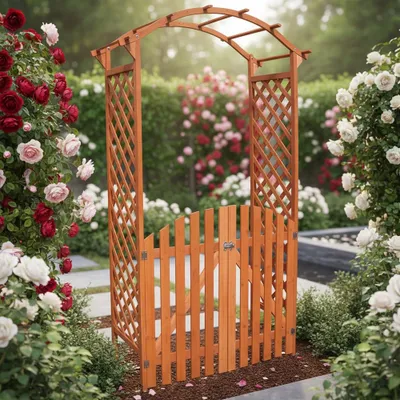 Produktbild von Rosenbogen mit Tor Holz 120 cm Braun Pergola Rankgitter Rankhilfe