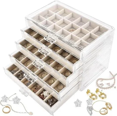 Produktbild von Schmuckaufbewahrung – Schmuckkästen-Organizer – Schmucksortierer – Flexibles 5-Fächer-System – Unspezifiziert – Beige