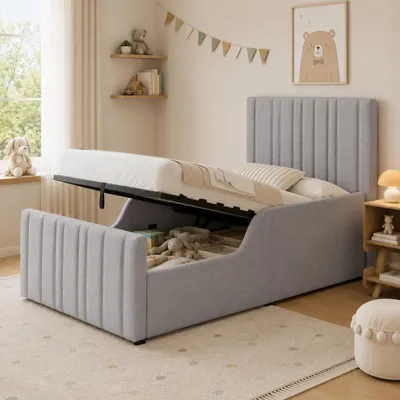 Zdjęcie produktu dla Łóżko tapicerowane, 90 x 200 cm, z hydraulicznym pojemnikiem na pościel, tapicerowanym zagłówkiem, stelażem pod materac, obiciem z lnu, kolor: szary, Obraz wygenerowany przez AI