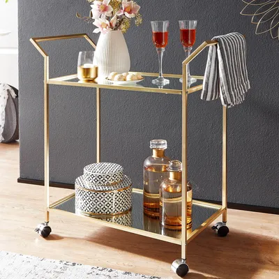 Produktbild von FineBuy goldener Design Servierwagen mit 2 Glasablagen gebremste Rollen Rollwagen Barwagen Teewagen Weinwagen für Küche Esszimmer Bar Trolley