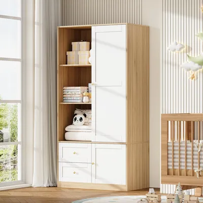 Produktbild von okwish Multifunktions-Kinderkleiderschrank mit Kleiderstange und 2 Schubladen Schiebetürenschrank mit viel Stauraum für das Kinderzimmer geeignet Weiß