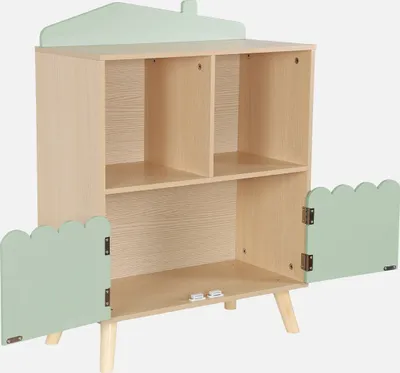 A children's bookshelf with two shelves and two doors, presented against a white background.