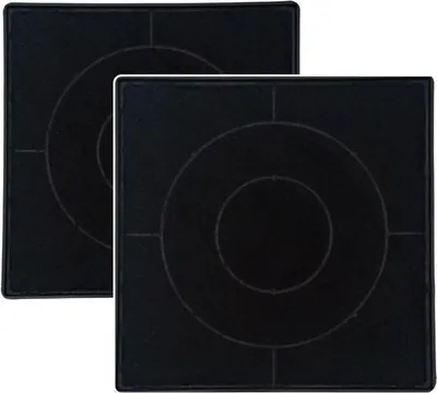 Two black carbon filters for a range hood, shown from a slightly elevated angle against a white background.
