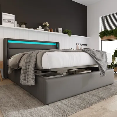 Produktbild von MODFU Boxspringbett 140x200cm Polstebett Doppelbett  mit LED-Beleuchtung,Stauraumbett Bettgestell mit Bettkasten & Lattenrost,Grau (ohne Matratze)